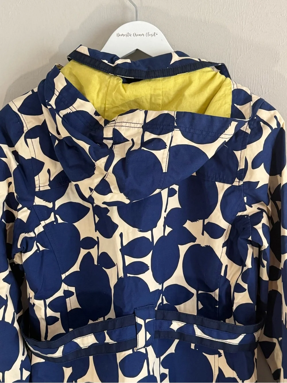 BODEN Women’s Blue Ivory Apple Print Hooded Belted Trench Coat Size US 6